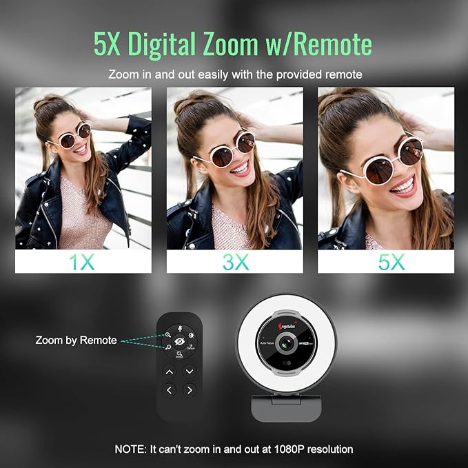 Angetube Streaming Webcam with Microphone: 1080P 60FPS USB Web Cam with Ring Light and Remote Control - HD Web Camera with 5X Digital Zoom Built in Privacy Cover,for PC|Computer|Laptop|Mac|Desktop