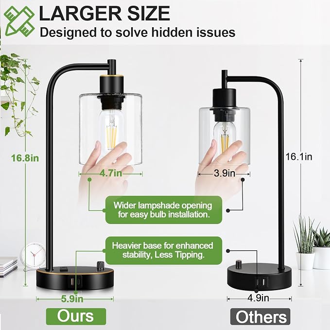 Set of 2 Black and Gold Industrial Table Lamps with USB Port, Fully Stepless Dimmable Bedside Lamps for bedrooms, Nightstand Desk Lamps with Clear Glass Shade for Reading Office 2 LED Bulb Included