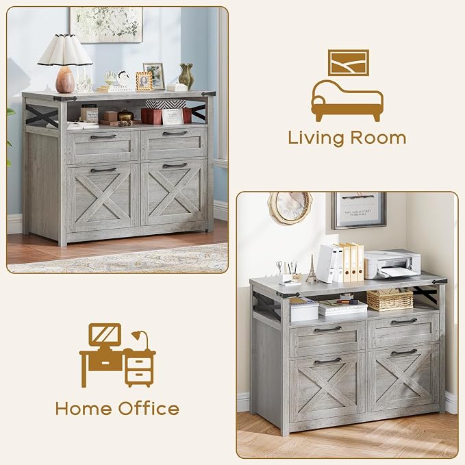 Halitaa Farmhouse 4 Drawer File Cabinet with Open Storage Shelf, Lateral Filing Cabinet Fits Letter/A4/ Size, Home Office Filing Organizer, Document Storage Printer Stand for Home and Office,Grey