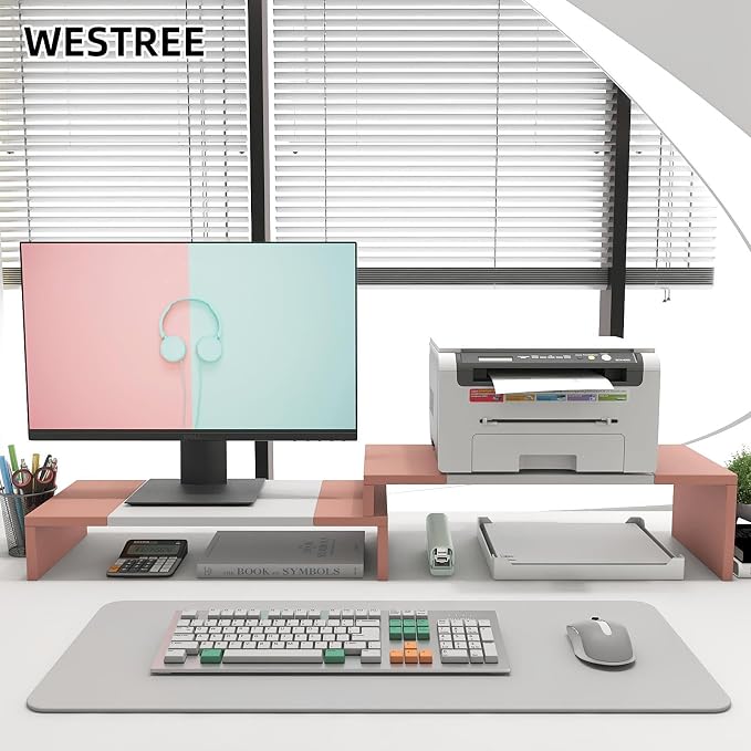 WESTREE Dual Monitor Stand - Monitor Stand Riser - 2 Shelf Computer Monitor Stand with Adjustable Length and Angle, Monitor Stands for 2 Monitors, Desktop Organizer Stand Office Furniture for PC, Computer, Laptop