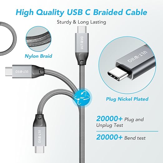 ULT-WIIQ 5FT USB C to USB C 3.2 Gen 2 x 2 Video Cable for Portable Monitor, 4K@144/120/60Hz 8K Display Cable, 20Gbps Data Transfer, PD 3.1 240W Fast Charging, for iPhone 17, MacBook, SSD, CarPlay