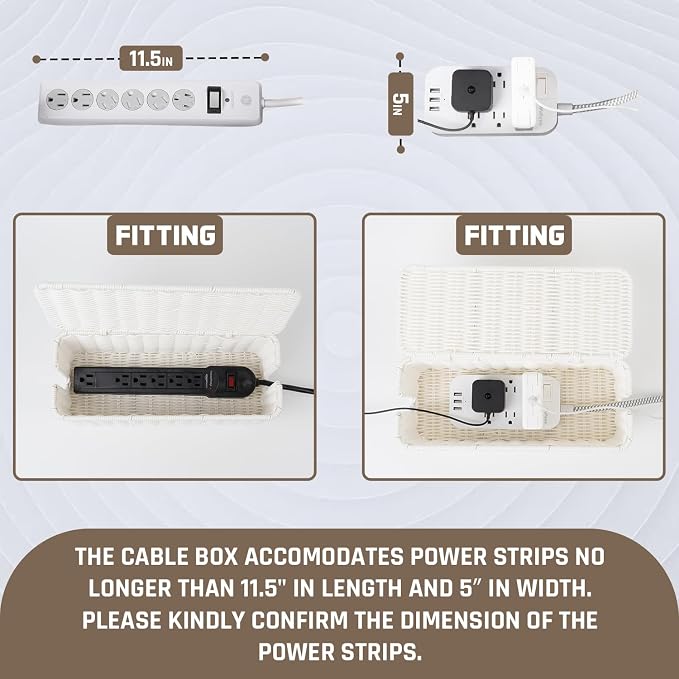 Cable Management Box, Handmade Rattan Cable Organizer with 2 Open Slots, Cord Hider for Power Strip, Router & USB Hub, Registered U.S. Design Patent (D1,112,102), 13" x 5.1" x 5.1", White
