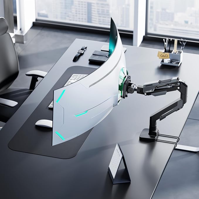 ARES WING Heavy Duty Ultrawide Monitor Arm - Gas Spring Aluminum Monitor Mount with USB for 24"-57" Curved Screens up to 66 lbs with Clamp/Grommet Desk Mount, 75/100/200 Vesa Mount, Black