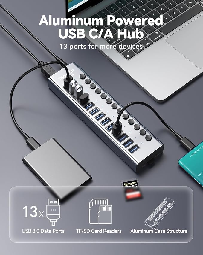 Powered USB 3.0 Hub, Wenter 13 Ports Powered USB Hub with SD/TF Card Reader, Aluminum USB Splitter with Individual On/Off Switches, 12V/3A 36W Power Adapter for PC/Laptops