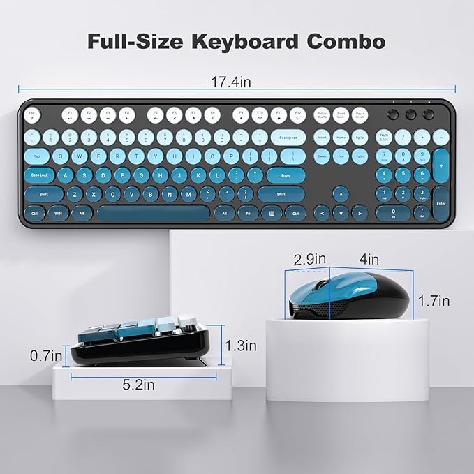 Wireless Keyboard and Mouse Combo, 2.4GHz Retro Full-Size Typewriter Keyboard with Number Pad and Wireless Mouse for PC/Laptop/Desktop/Windows (Black Blue)