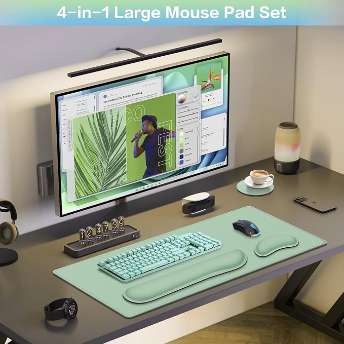 Desk Mat Green, Large Gaming Mouse Pad with Wrist Rest, 4in1 XXL Mousepad+Keyboard Wrist Rest+Mouse Pad Wrist Support+Cup Coaster Set Ergonomic Computer Desk Arm Wrist for Decor Home Office Women