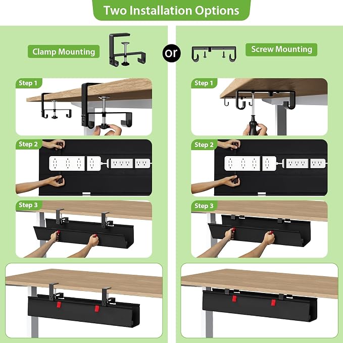 KEEGH No Drill Under Desk Cable Management Tray - 28" Cord Management Under Desk - Clamp/Screw Mount - Support Upto 70lbs - Fabric Wire Management - Gaming/PC Cable Tray Cord Hiders for Office/Home