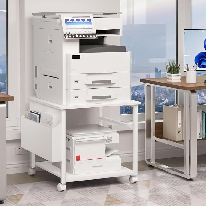 Lerliuo Large Printer Stand with Storage Shelf, 23.6 x 23.6 x 22.8 Industrial Printer Table for Home Office, Rolling Printer Cart Holder with Lockable Wheels, Mobile Mini Fridge Stand Table (White)