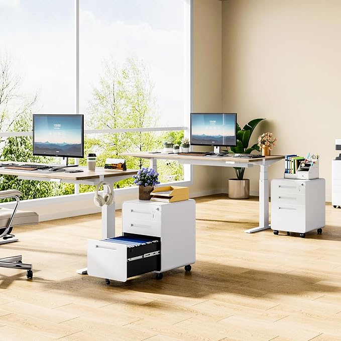 MIIIKO Mobile Filing Cabinet 3 Drawer, White Small File Cabinet with Lock Under Desk, Filing Cabinets for Home Office with Wheels, A4/Letter/Legal Hanging File Folders