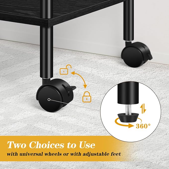 Black Modern Printer Stand with Storage 3 Tier Rolling Cart, Large Printer Table for Home Office, Multi-Level Storage, Compatible with Printers, Scanners, Office Supplies