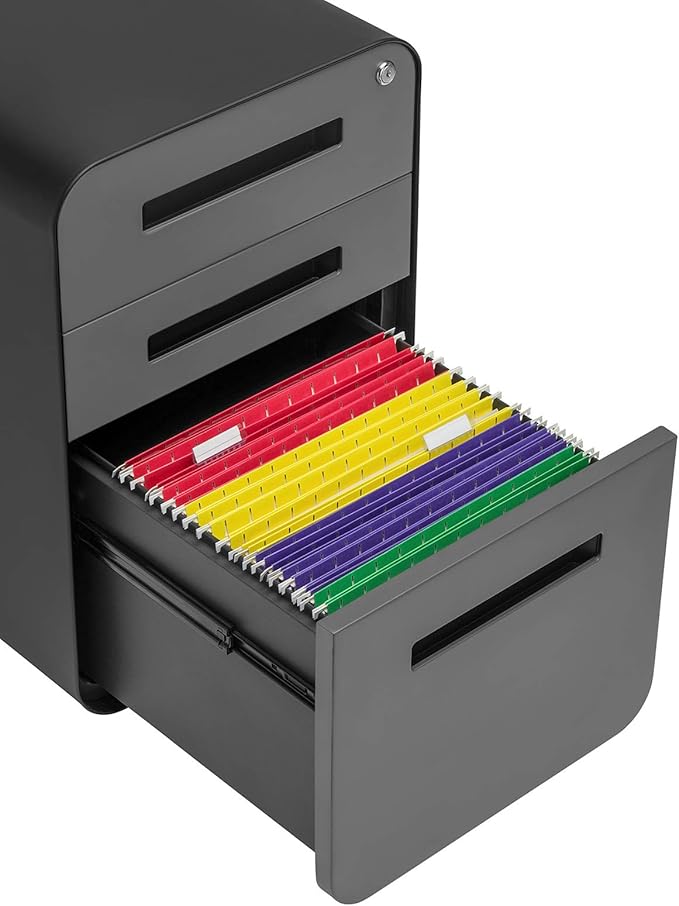 Laura Davidson Furniture Stockpile 3 Drawer File Cabinet with Lock - Under Office Desk Metal Filing Cabinet, Legal/Letter File Folders, Wheels and Stationary Feet, Pre-Assembled, Black/Grey