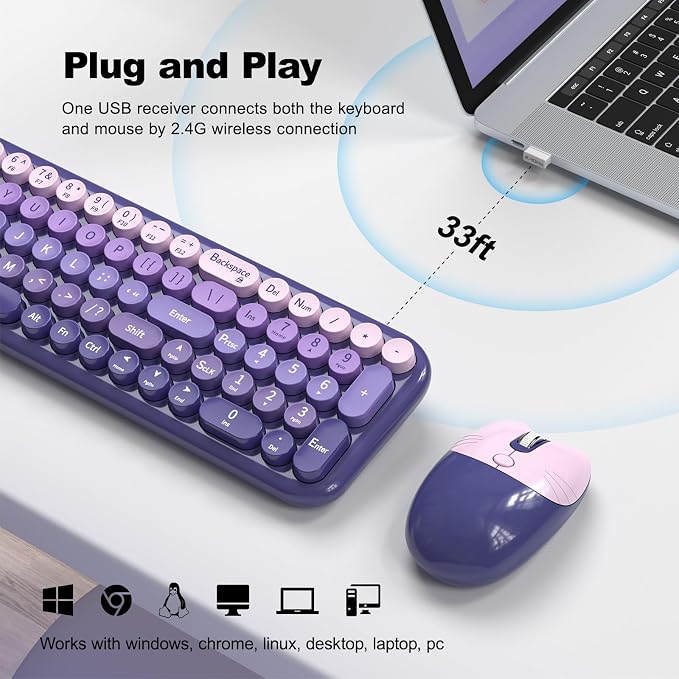 Dilter Wireless Keyboard and Mouse Combo, Portable Retro Keyboard with Compact Size, 2 in 1 USB Connected Mouse for Windows 7/8/10, Laptop, Desktop, PC, Computer (Purple)