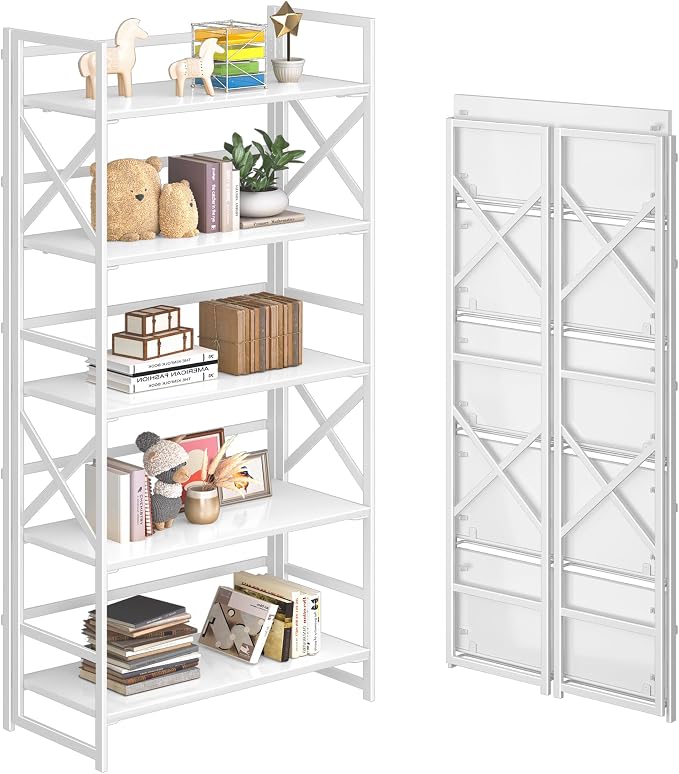 4NM 5 Tiers No Assembly Book Shelves, 51.2" H Folding Bookshelf Bookcase Open Industrial Foldable Shelves for Bedroom, Living Room, Home Office - All White