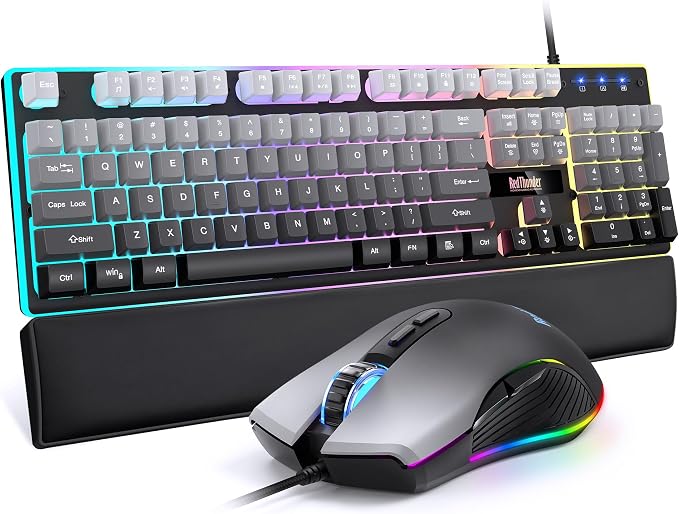 RedThunder K10 Wired Gaming Keyboard, Mouse Wrist Rest Combo, RGB Backlit, Mechanical Feel Anti-ghosting Keyboard + 7D 7200 DPI Mice+Soft Leather Wrist Rest 3 in 1 PC Gamer Accessories(Gradient Gray)
