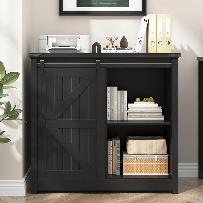 Halitaa Lateral File Cabinets with Adjustable Shelf, Farmhouse Filing Cabinet with Lock for Home Office, Filing Organization Storage Cabinets with Sliding Barn Door for Hanging Files Letter/A4,Black