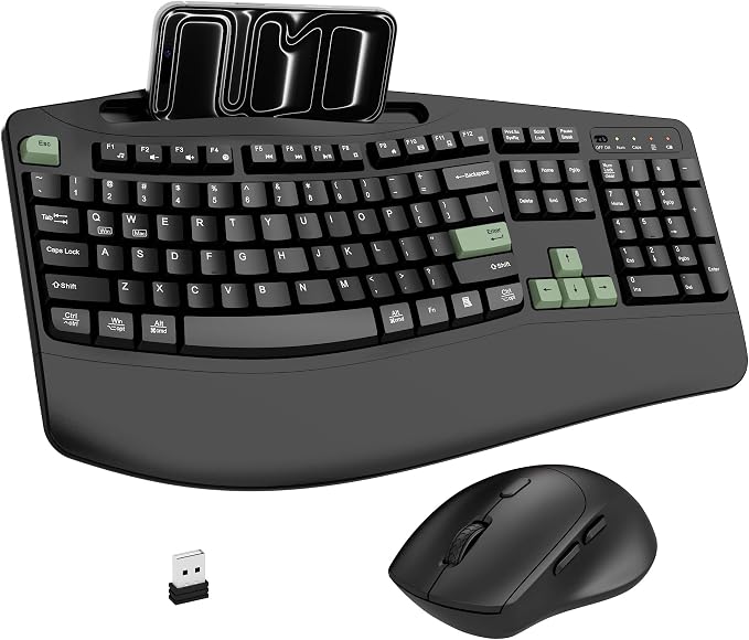Wireless Keyboard and Mouse Combo, 2.4G Full Size Wave Keys Ergonomic Keyboard with Wrist Rest, Phone Holder, 3-Level DPI Wireless Silent Mouse with 6-Buttons, for Windows (Avocado Green and Black)
