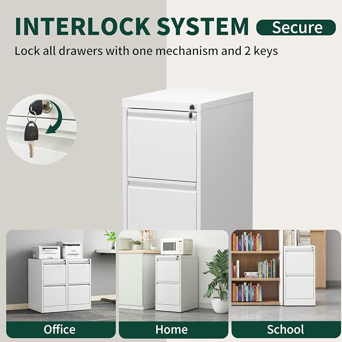 4 Drawer File Cabinet with Lock, Metal Vertical Filing Cabinet, Filing Cabinets for Home Office, Locking File Cabinet Hanging Files for A4/ Legal/Letter, Require Assembly, White