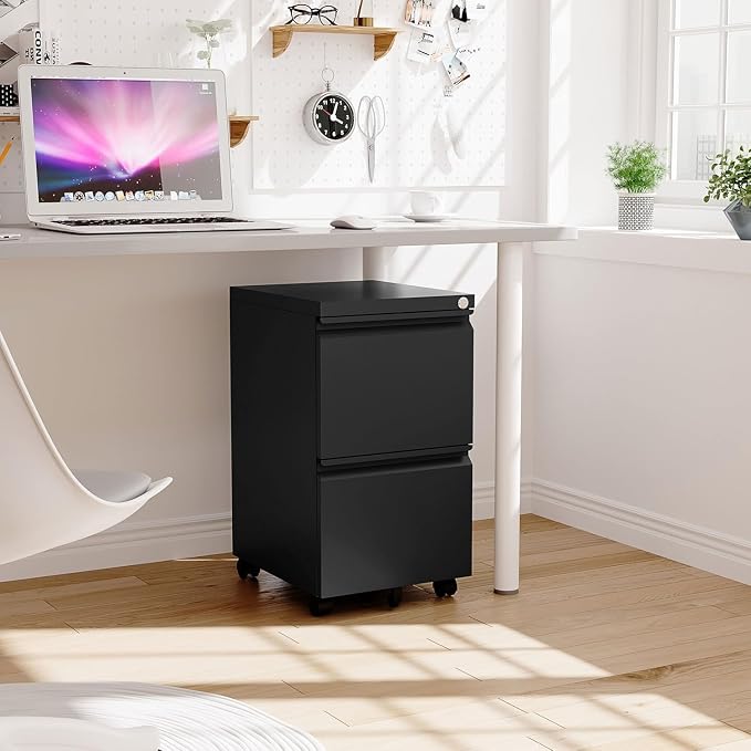 2 Drawer Metal File Cabinet with Lock, Rolling File Cabinets with Lock for A4/Legal/Letter Size, Under Desk Filing Cabinet for Home Office Assembly Required（Black）