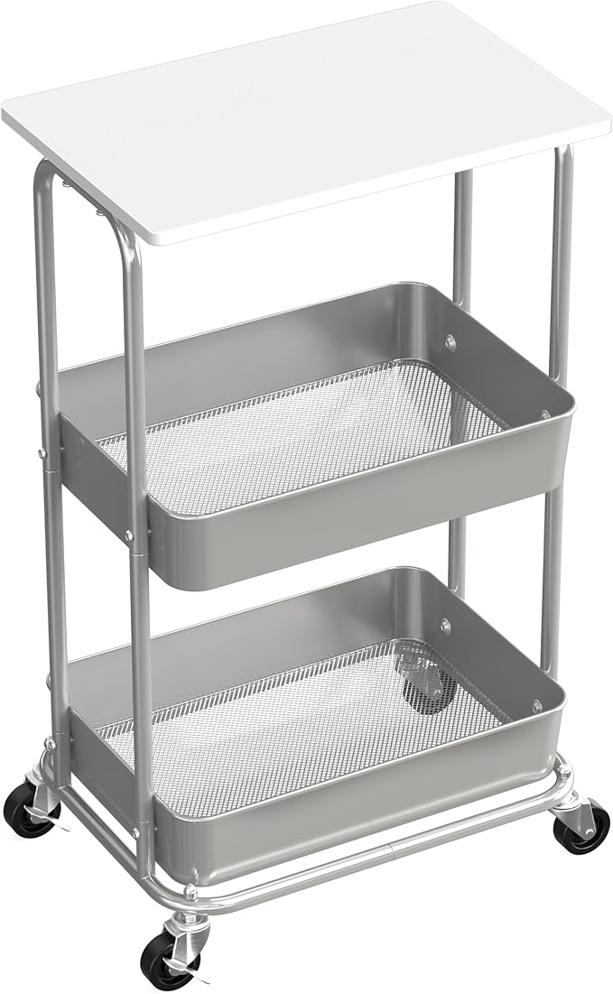 Simple Houseware 2-Tier Rolling Utility Cart with Lockable Wheels and Wood Top, Metal Storage Organizer Trolley for Kitchen, Bathroom, Office, Craft Room, White