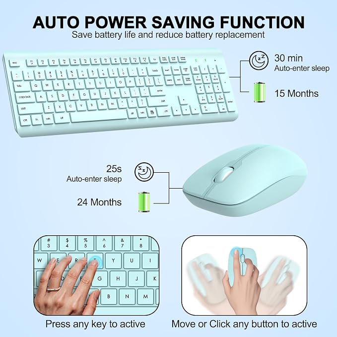 Wireless Keyboard and Mouse Combo, Full-Size Silent Ergonomic Keyboard and Optical Mouse, Long Battery Life, 2.4G Lag-Free Mice Keyboard for Computer, Mac, Laptop, PC, Windows(Green)