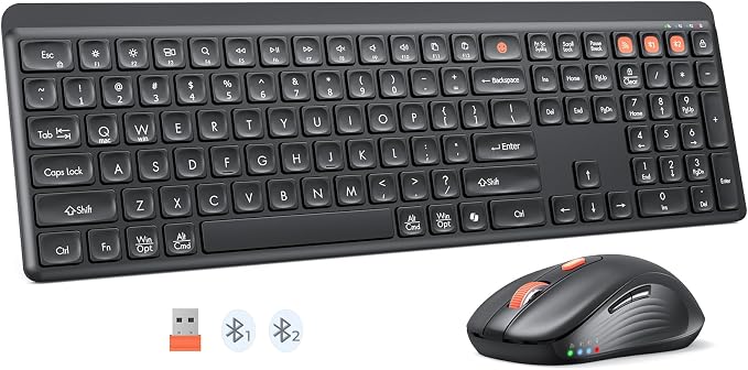 Bluetooth Keyboard and Mouse, 2.4G + Dual Bluetooth Multi Device, Full Size Silent Ergonomic Keyboard with 4 Level DPI Adjustable Wireless Mouse for Windows, Mac OS Desktop/Laptop/PC