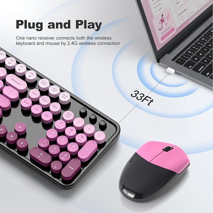 MOFII Wireless Keyboard and Mouse Combo, Full Size 2.4G Plug and Play Typewriter Retro Round Computer Keyboard and Mouse Set for Windows, Computer, Desktop, PC, Notebook - (Black Pink Gradient)