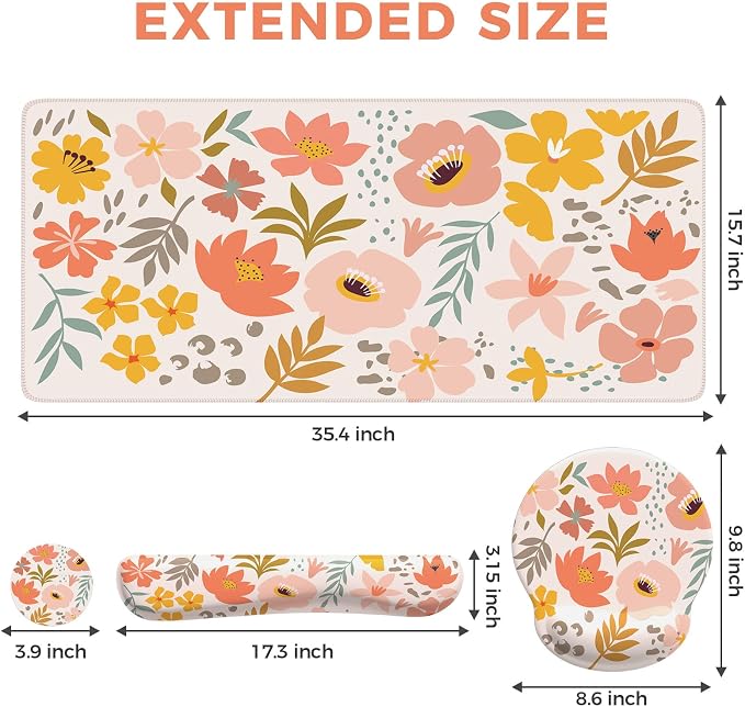 iCasso Desk Cover Mat, 4in1 Floral Large Mouse Pad with Wrist Rest, Desk Matt for Desktop, Anti-Slip XXL Big Computer Ergonomic Mousepad with Wrist Support for Keyboard and Mouse (Colorful)
