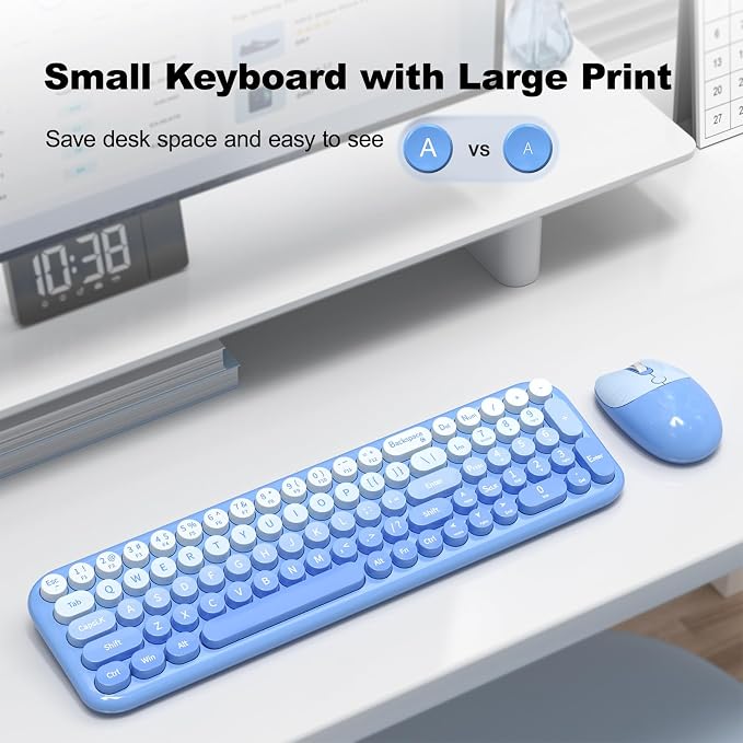 Wireless Keyboard and Mouse Combo, MOWUX Compact Typewriter Retro Round Computer Keyboard, Cute Optical Mouse Wireless, Plug and Play, for Laptop, PC, Computer- Blue Gradient