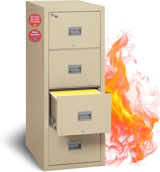 FireKing Patriot Vertical 4 Drawer Legal & Letter Fire Safe File Cabinet, Key Lock, 1 Hour Fire Rated UL Rated & Water Resistant, USA Made, Parchment