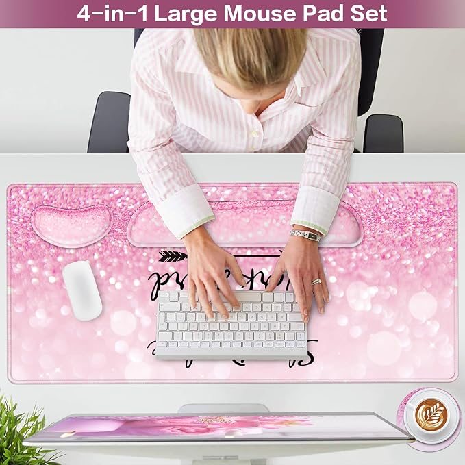 Mousepad Pink, Mouse Pad with Wrist Rest, 4-in-1 Large Mousepad+Keyboard Wrist Rest+Mouse Pad Wrist Support+Cup Pad Set,Ergonomic Mouse Pad,Anti-Slip,Memory Foam Desk Mat for Women Office Gaming