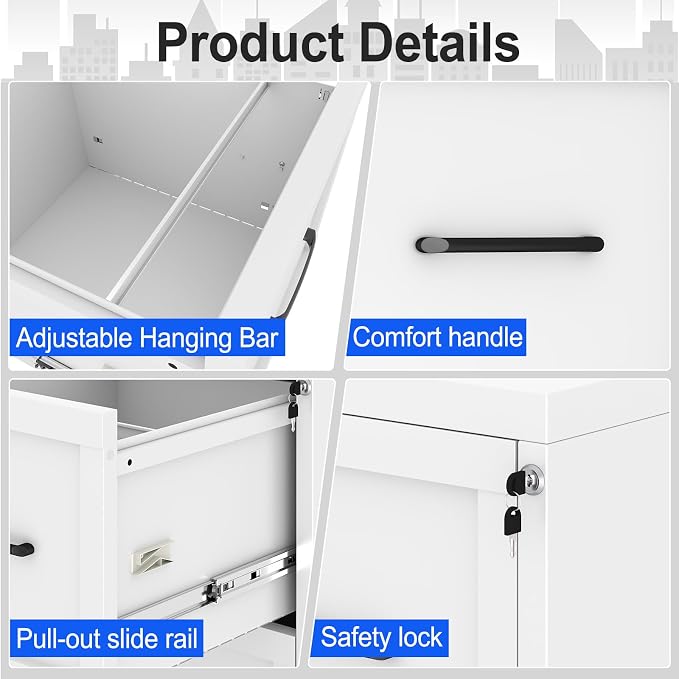 Small Metal 2-Drawer File Cabinet, Under Desk Office Cabinet, White | Rolling, Locking, Adjustable Hanging Rail, Fit A4, FC, Letter, Hanging File Folders for Home Office Storage Organization, 2PS