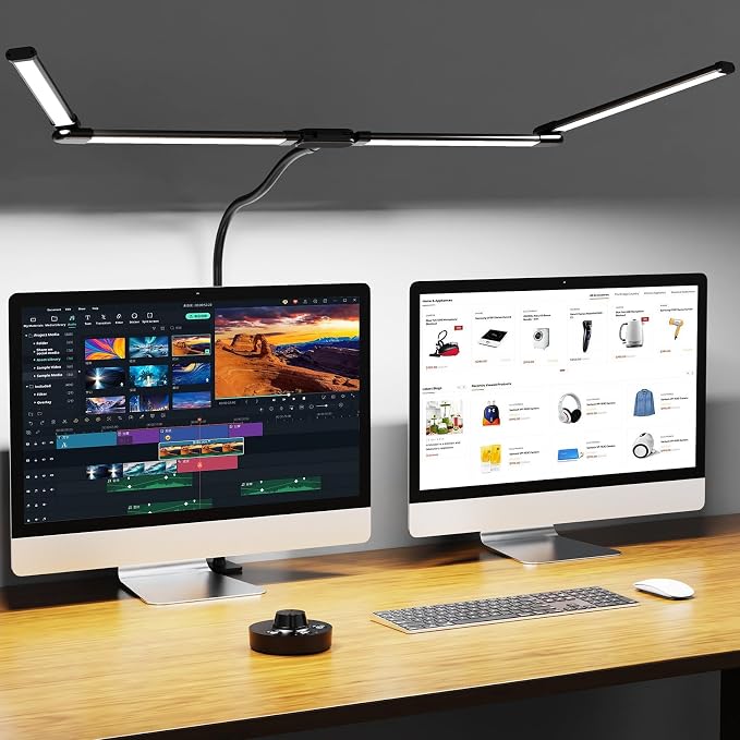 Desk Lamp, Clamp Desks Lamps for Home Office, 24W Flexible Gooseneck Table Lamp, 10 Color Modes & Brightness Eye-Caring Desk Light w/USB Adapter (12V2A Black)