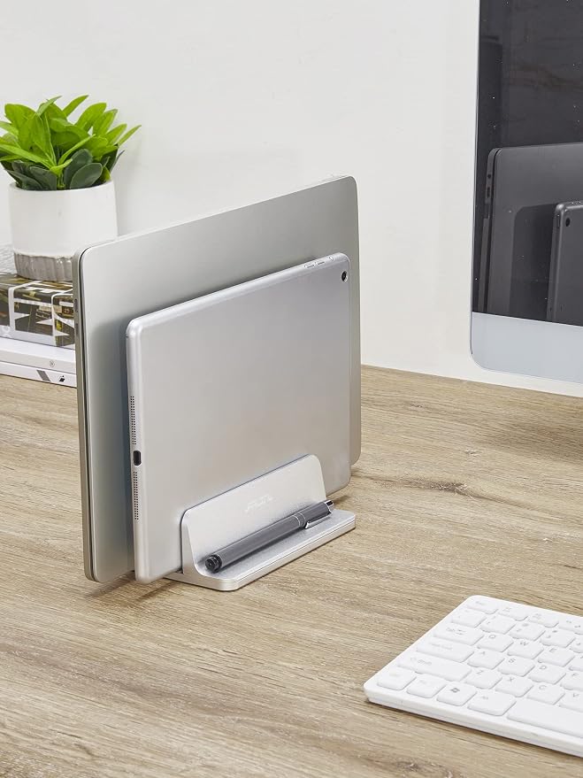 JARLINK Vertical Laptop Stand Holder, Aluminum Double Desktop Stand Holder with Adjustable Dock (Up to 17.3 inch), Compatible with MacBook, Surface, Chromebook, and Gaming Laptops, Silver