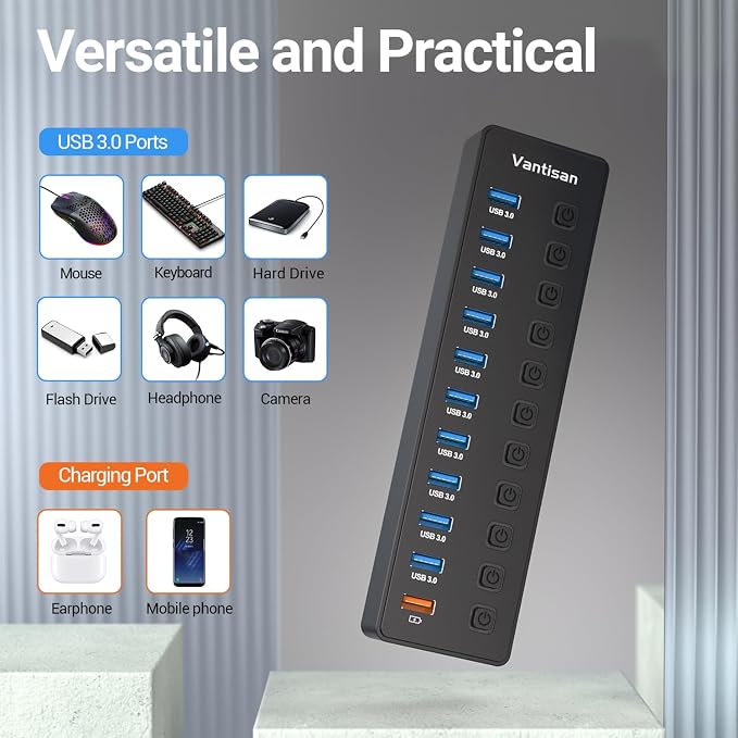 Powered USB Hub, 11-Port USB 3.0 Hub Splitter - 10 USB 3.0 Data Transfer Ports + 1 Smart Charging Port, USB Hub 3.0 Powered with Individual LED On/Off Switches and 5V/4A Power Adapter