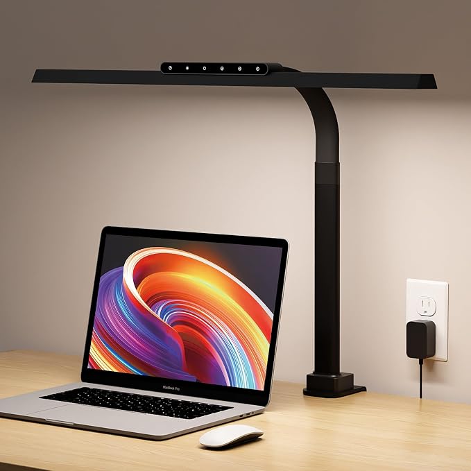 LED Desk Lamps for Home Office, 24W Bright Eye-Caring Light with Clamp, Stepless Dimming Adjustable Flexible Gooseneck Clip on Desk Office Lamp with Adapter for Reading, Study, Workbench,Black