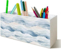 Ocean Waves Beach Pen Pencil Holder Organizer for Desk, Watercolor Coastal Beach Wooden Box Block Sign for Home Office Tabletop Decor