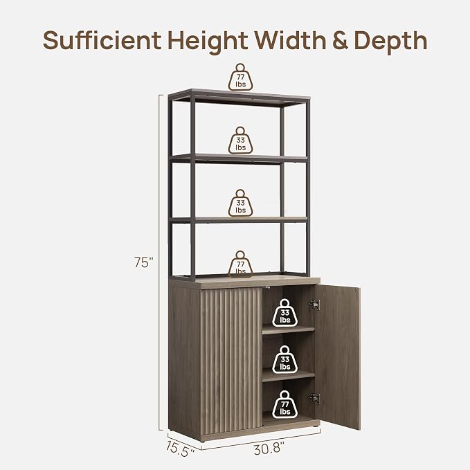 SICOTAS Book Shelf Fluted Bookshelf Cabinet - 75" Tall Bookcase 6 Tier Large Bookshelves with Doors Storage Modern Wide Book Shelves Case for Living Room Home Office Library, Metal Frame, Grey