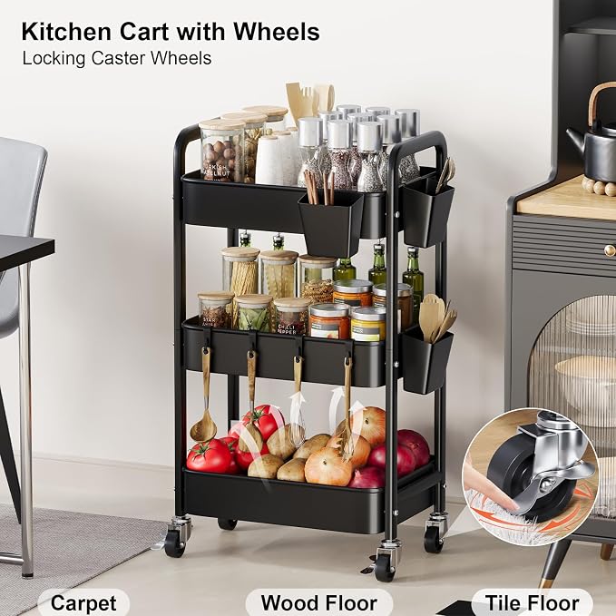 3 Tier Rolling Cart with Lockable Wheels, Metal Diaper Caddy Cart Organizer for Baby Essentials, Black Storage Utility Cart for Craft, Snack, Rolling Carts with Wheels for Lash Techs, Art, Bathroom