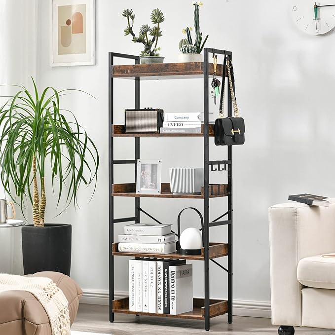 HCHQHS Adjustable 5 Tier Open Bookcase, Rustic Farmhouse Book Shelves, Industrial Wood and Black Metal Bookshelves, Mid Century Bookcase for Home Office Living Room Bedroom