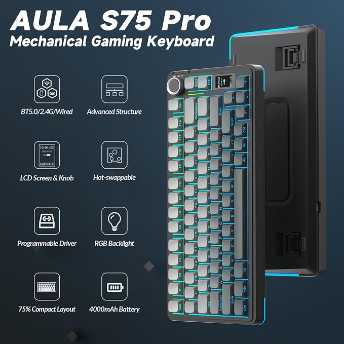 AULA S75 PRO Wireless Mechanical Keyboard with Screen&Knob, Tri-Mode Hot Swappable Gaming Keyboard 75%, Pre-lubed Switches, RGB Backlit, Side Printed PBT Keycaps, Creamy Sounding Computer Keyboards