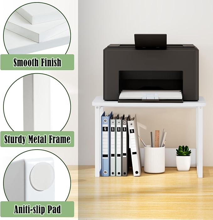 MARTY Printer Stand with Storage for Desk, Desktop Printer Stand Shelf Organzier for Home/Office Heavy Duty Printer Riser Under Desk Small Printer Table for Fax Machine Copier Scanner(White)