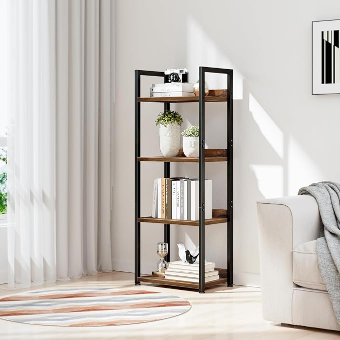 NUMENN Narrow Bookshelf, 4 Tier Bookshelves, Home Office Bookcase Shelf Storage Organizer, Free Standing Storage Shelving Unit for Bedroom, Living Room and Home Office, Vintage