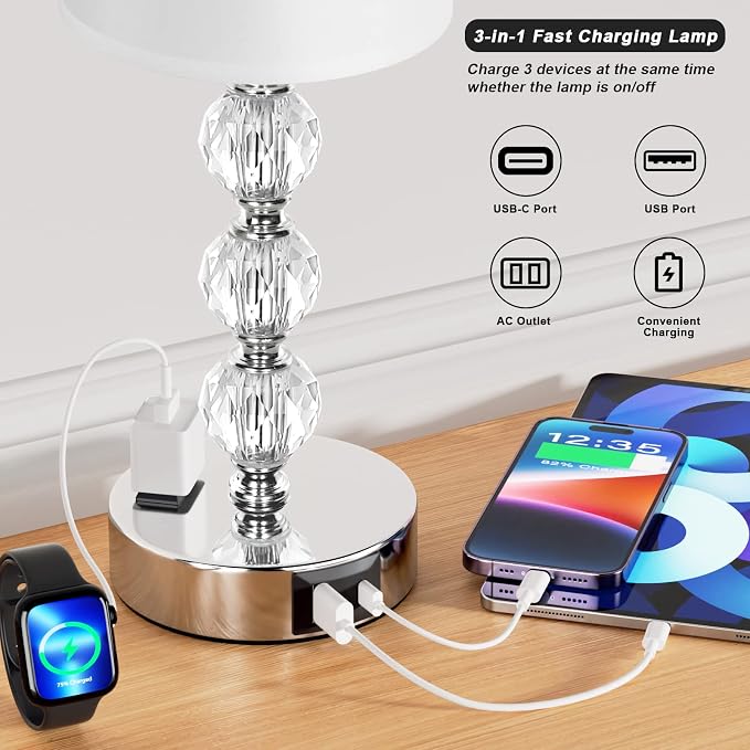 Touch Bedside Crystal Lamps for Bedrooms Nightstand with USB C+A Charging Port and AC Outlet White, 3 Way Dimmable Silver Small End Side Table Lamp for Living/Guest/Dinning Room/Kitchen