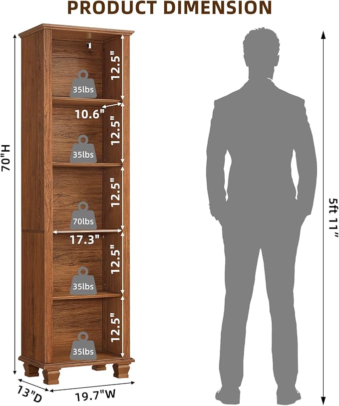SAVOR LIFE Narrow Brown Book Shelf, 70" Tall Skinny Bookshelf with Adjustable Shelves & Wooden Legs, Farmhouse Wood Bookcase w/5-Tier Open Storage, Free Standing Book Case for Office,Living Room,3PCS