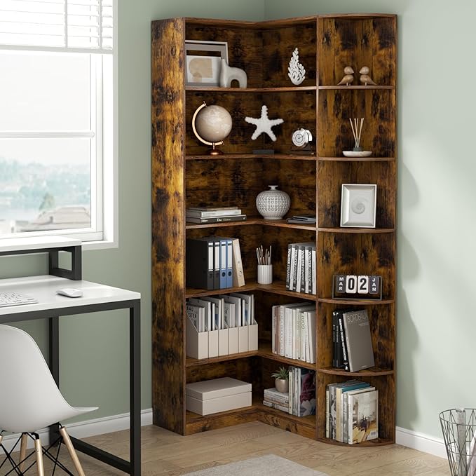 Loomie Bookshelves, 6 Tiers Shelf Large Tall Corner Etagere Bookcase with Full Baffle, L-Shaped Modern Storage Display Industrial Book Shelf for Bedroom, Home Office, Living Room & Kitchen, Rustic