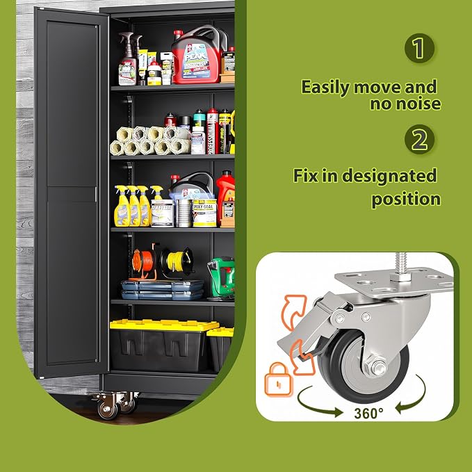 Metal Garage Storage Cabinet with Wheels, 70.9" H x 29.9" W x 15" D, Lockable Rolling Steel Tool Cabinet with Adjustable Shelves, Heavy Duty Garage Cabinet for Workshop, Basement, Home, Black