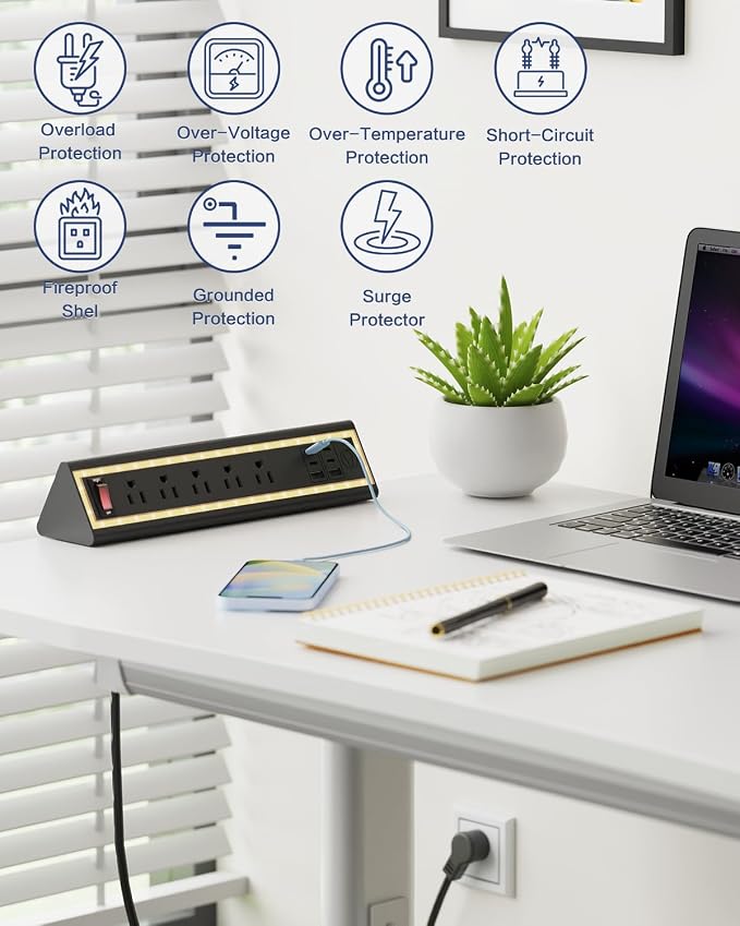 Desk Clamp Power Strip with Nightlight, 40W Fast Charging, 6FT Extension Cord, 4x20W USB-C & 2 USB Ports, 5 AC Outlets, Fits 1.69-Inch Table Edges