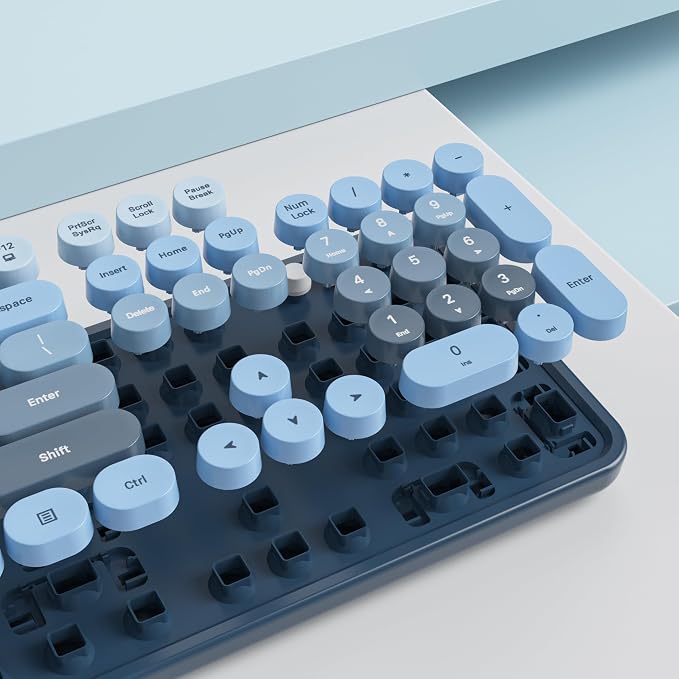 Guffercty kred Colorful Blue Wireless Keyboard and Mouse Combo, Retro Typewriter Wireless Full-Size Cute Office Keyboard 2.4GHz with Round Keycaps for Desktop Laptop and PC (Ocean Blue)