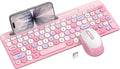 Colorful Wireless Keyboard and Mouse Combo - Round Keycaps, 2.4GHz Retro Typewriter Keyboard with Number Pad, Cute Compact USB Keyboard and Mouse for Computer PC Desktop Laptop (Pink)