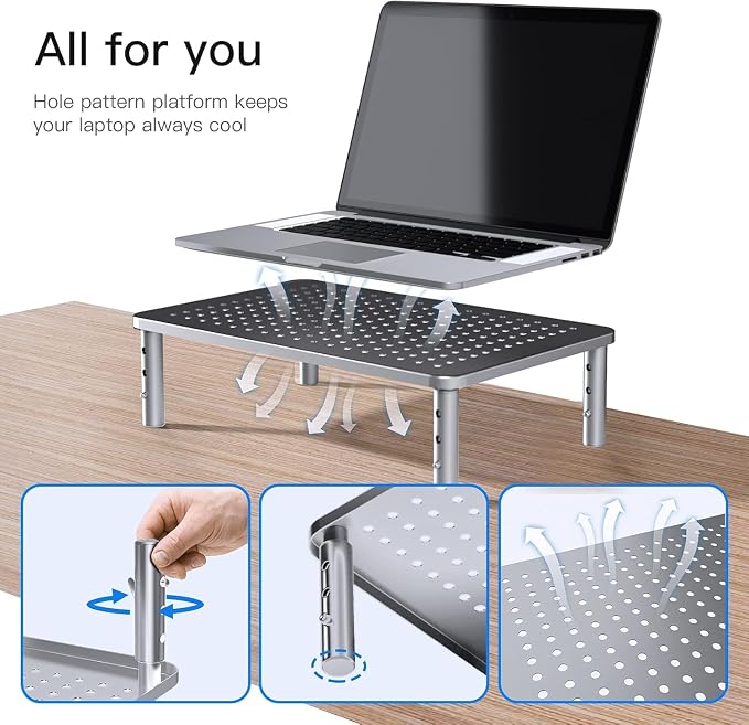 HUANUO Monitor Riser - 3 Height Adjustable Stand for Laptop, Computer, iMac, PC, Printer, Desktop Ergonomic Metal Monitor Riser with Mesh Platform